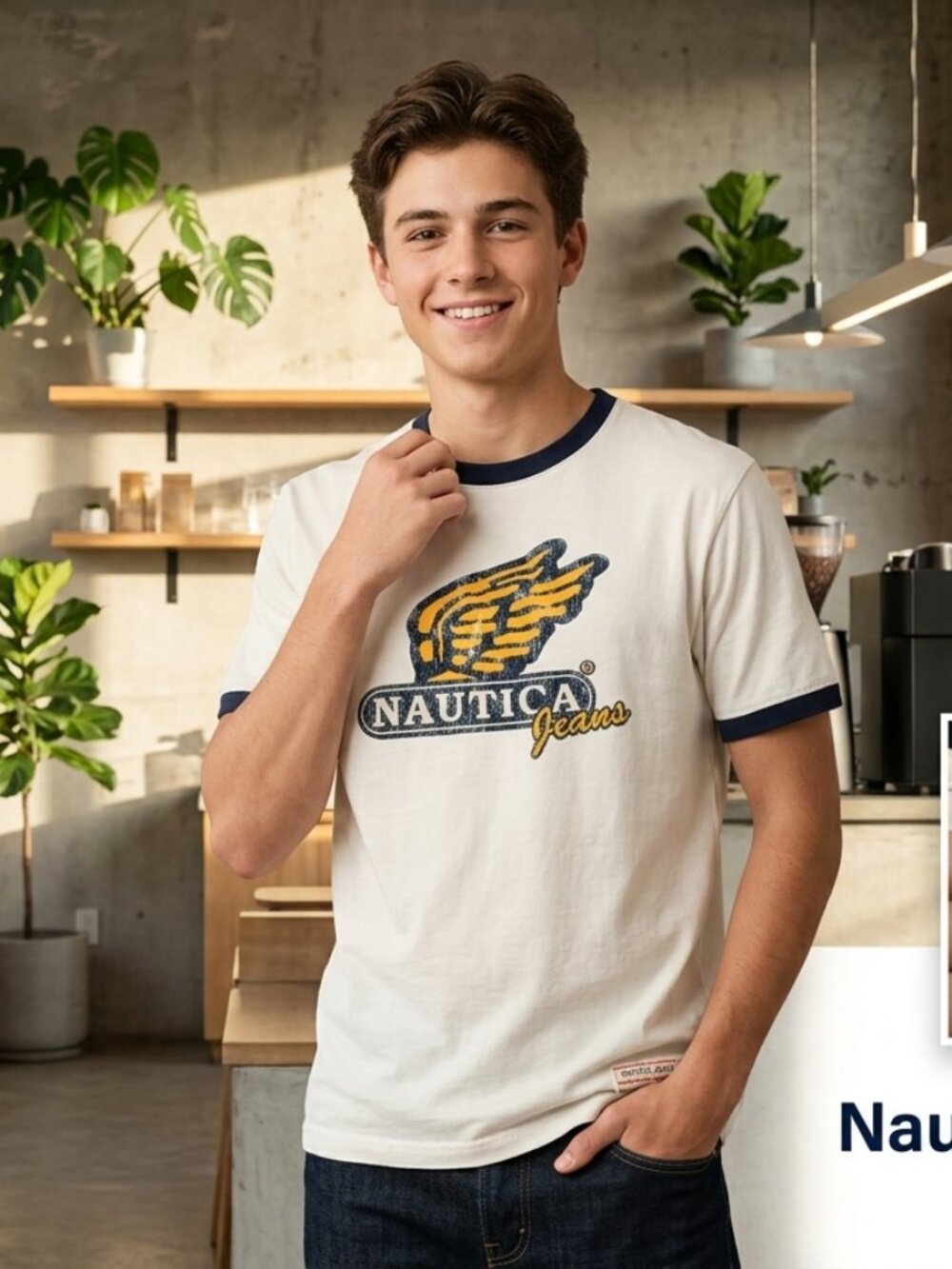 Nautica Jeans Boys T-Shirt Size Large 16-18 Graphics Logo White 100% Cotton Cool